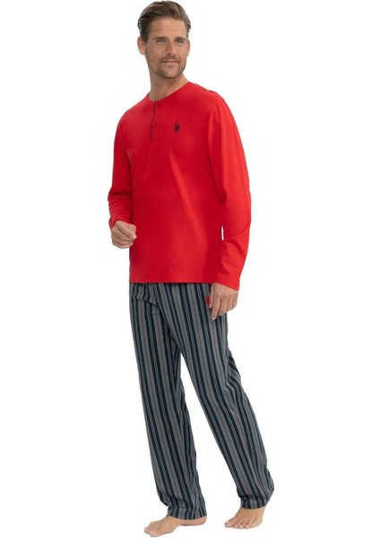 18843 Erkek Uzun Kollu Yakası Düğmeli Pijama Takım-Kırmızı fiyatları