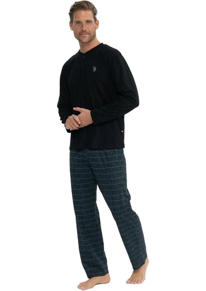 18853 Erkek Uzun Kollu Yakası Düğmeli Pijama Takım-Siyah