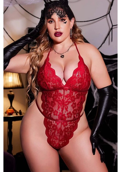 Kırmızı Dantelli Büyük Beden Babydoll Gecelik TM1305