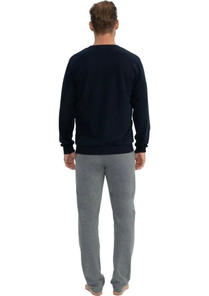 18817 Erkek Uzun Kollu Yuvarlak Yaka Rahat Ev Giyim-Lacivert fırsatları