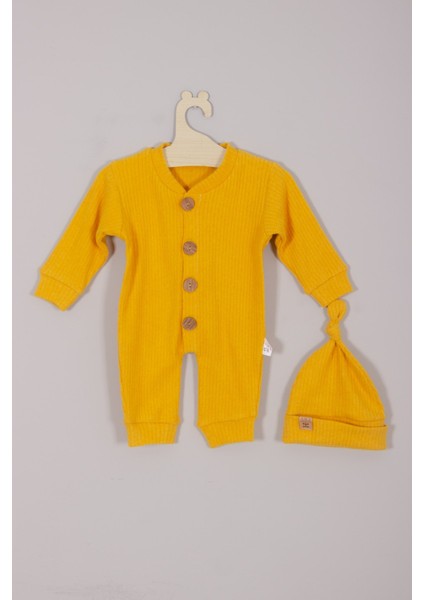 Pamuk Ahşap Düğmeli Fitilli Tarz Şapkalı Bebek Tulum