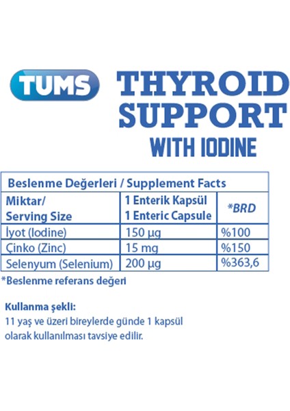 Thyroid Support | İyot, Çinko, Selenyum Tiroid Desteği 90 Enterik Kapsül - 3 Aylık Kullanım