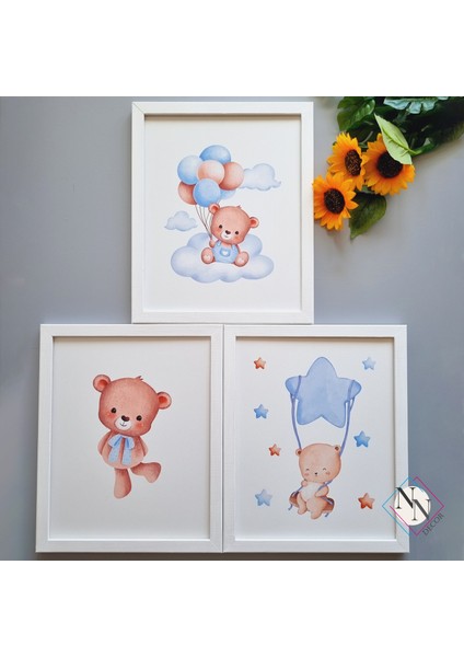 Oyuncak Ayı Ve Gökyüzü Temalı 3'Lü Set - Mavi, Ahşap Çerçeveli, Bebek Ve Çocuk Odası Tablo Seti fiyatları