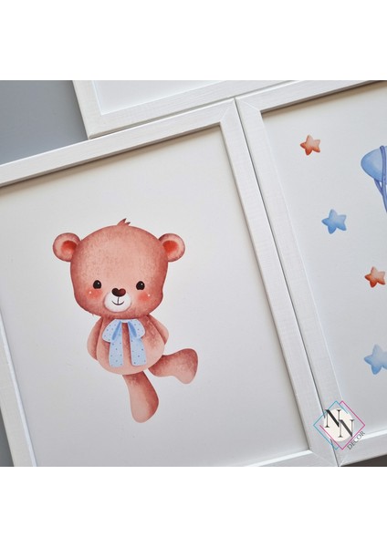 Oyuncak Ayı Ve Gökyüzü Temalı 3'Lü Set - Mavi, Ahşap Çerçeveli, Bebek Ve Çocuk Odası Tablo Seti modelleri