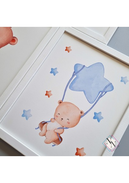 Oyuncak Ayı Ve Gökyüzü Temalı 3'Lü Set - Mavi, Ahşap Çerçeveli, Bebek Ve Çocuk Odası Tablo Seti fırsatları