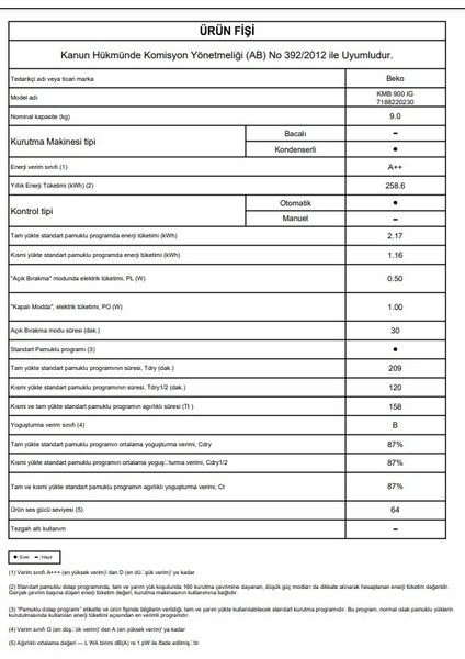 Kmb 900 Ig Kurutma Makinası (Ironfinish Kolay Ütüleme Özelliği)