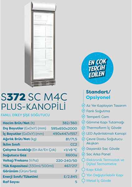 D372 Scm 4c Plus-Kanopili Dikey Meşrubat Dolabı  İçecek Şişe Soğutucu