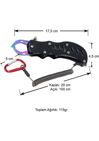 Alüminyum Balık Tutucu Gripper Paslanmaz Yaylı Karabinalı - Siyah