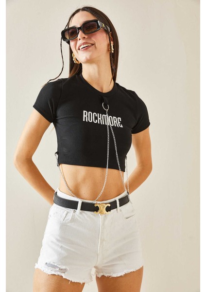 Rockmore Bisiklet Yaka Zincirli Crop Top-Siyah modelleri