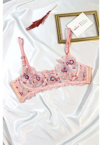 Like Swan Açık Pembe Balenli Dantelli Transparan Bralet Iç Çamaşırı Takımı