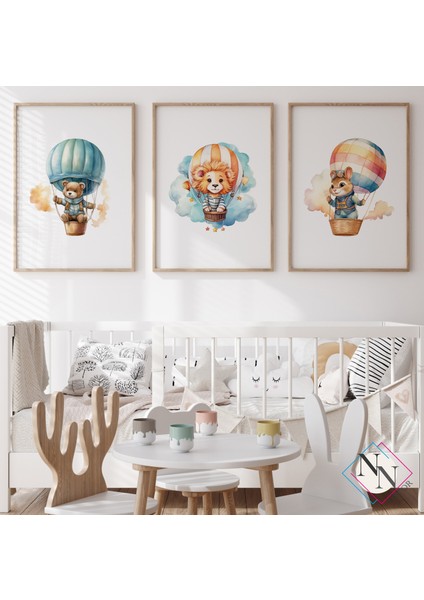 Balon Temalı 3'lü Set - Aslan, Ayı, Sincap - Doğal Ahşap Çerçeveli, Bebek & Çocuk Odası Tablo Seti