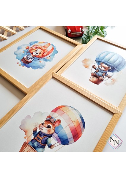 Balon Temalı 3'lü Set - Aslan, Ayı, Sincap - Doğal Ahşap Çerçeveli, Bebek & Çocuk Odası Tablo Seti modelleri