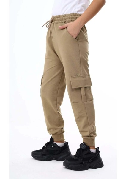 Kız Erkek Kargo Cepli Bej Okul Eşofman Altı