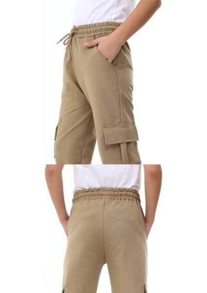 Kız Erkek Kargo Cepli Bej Okul Eşofman Altı modelleri