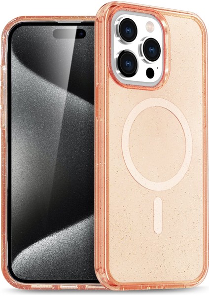 Apple iPhone 14 Pro Uyumlu Simli Magsafe Tasarımlı Full Korumalı Silikon Kılıf - Turuncu