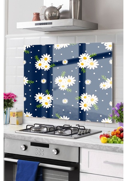 Cam Ocak Arkası Koruyucu, 50x76cm, Çiçek Papatya Desenli, Şık ve Dayanıklı Tasarım