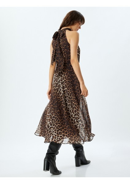 Uzun Leopar Elbise Halter Şal Yaka Pileli Kolsuz