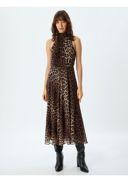 Uzun Leopar Elbise Halter Şal Yaka Pileli Kolsuz fiyatları
