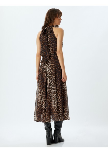 Uzun Leopar Elbise Halter Şal Yaka Pileli Kolsuz fırsatları