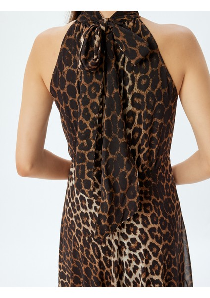 Uzun Leopar Elbise Halter Şal Yaka Pileli Kolsuz indirimleri