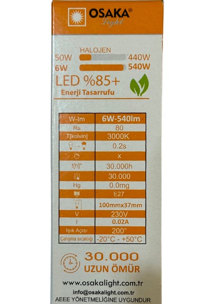 6W (50W) 3000K (Sarı Işık) E27 Duylu LED Ampul