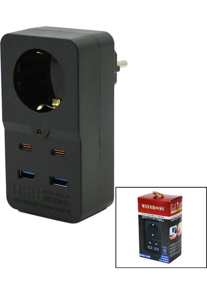 Termal Akım Korumalı 1xpriz 2x USB 2x Type-C Duvar Tipi Priz Siyah 10A - 2500W