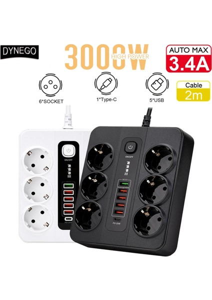 Akım Korumalı 3000 W 10 Amper 6 Lı Priz 2 Metre Uzatma Kablosu Çoklu Priz 5 USB 1 Type C