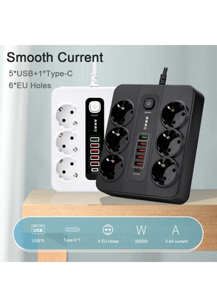 Akım Korumalı 3000 W 10 Amper 6 Lı Priz 2 Metre Uzatma Kablosu Çoklu Priz 5 USB 1 Type C fiyatları