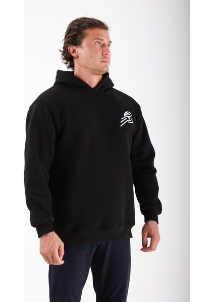 Erkek Siyah Unisex Sweatshirt Kapüşonlu %100 Pamuk