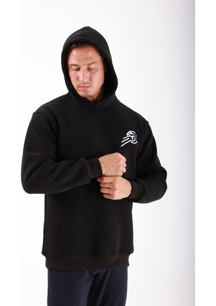 Erkek Siyah Unisex Sweatshirt Kapüşonlu %100 Pamuk