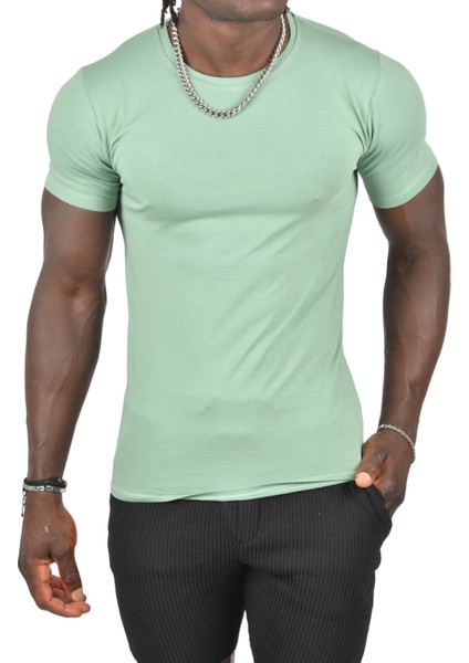 Yeşil Erkek/Unisex Slim Fit Dar Kesim Bisiklet Yaka Pamuklu Likralı Basic Tişört 1801131
