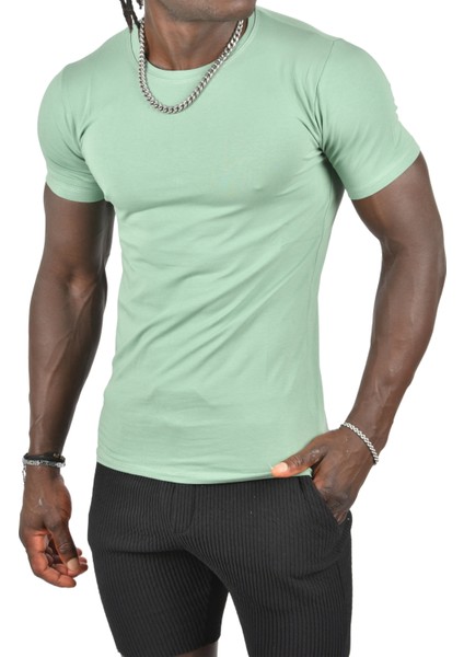 Yeşil Erkek/Unisex Slim Fit Dar Kesim Bisiklet Yaka Pamuklu Likralı Basic Tişört 1801131 fiyatları