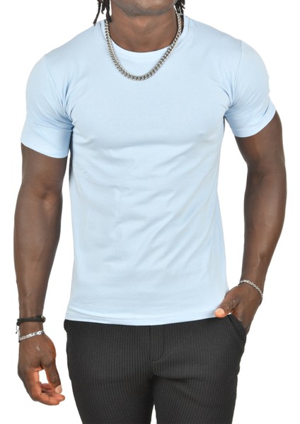Açık Mavi Erkek/Unisex Slim Fit Dar Kesim Bisiklet Yaka Pamuklu Likralı Basic Tişört 1801131
