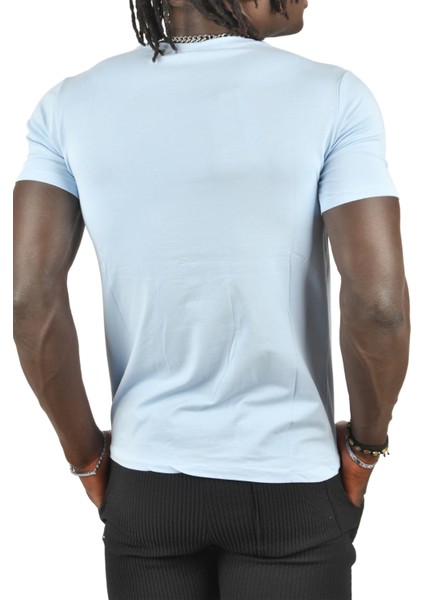 Açık Mavi Erkek/Unisex Slim Fit Dar Kesim Bisiklet Yaka Pamuklu Likralı Basic Tişört 1801131 indirimleri