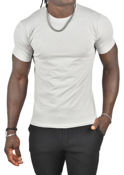 Taş Erkek/Unisex Slim Fit Dar Kesim Bisiklet Yaka Pamuklu Likralı Basic Tişört 1801131