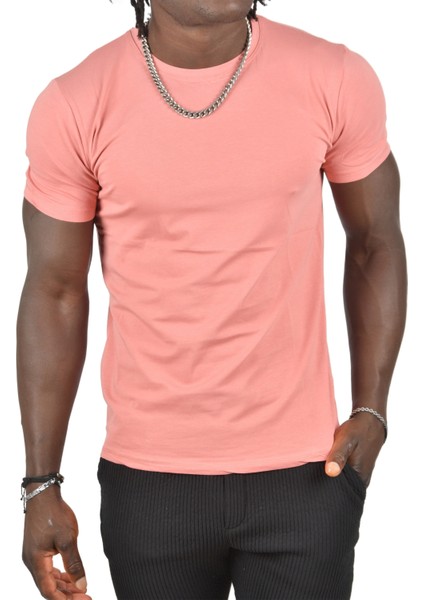 Gülkurusu Erkek/Unisex Slim Fit Dar Kesim Bisiklet Yaka Pamuklu Likralı Basic Tişört 1801131