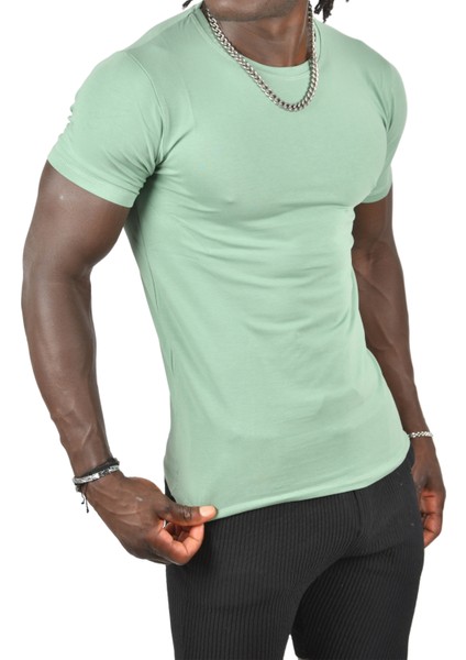 Yeşil Erkek/Unisex Slim Fit Dar Kesim Bisiklet Yaka Pamuklu Likralı Basic Tişört 1801131 fırsatları