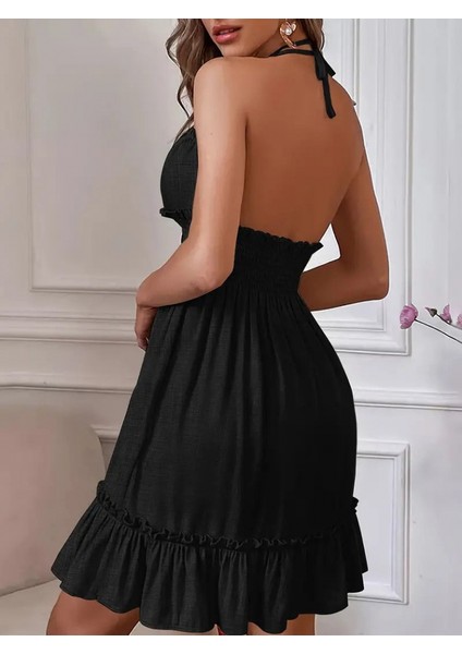 Kadın Ip Askılı Boyundan Bağlamalı Gipe Detay Kısa Sofya Keten Elbise modelleri