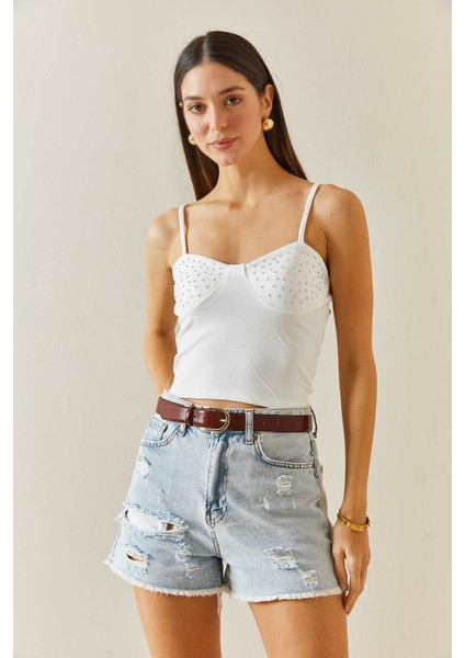 Taş Detaylı Askılı Viskon Bluz-Beyaz