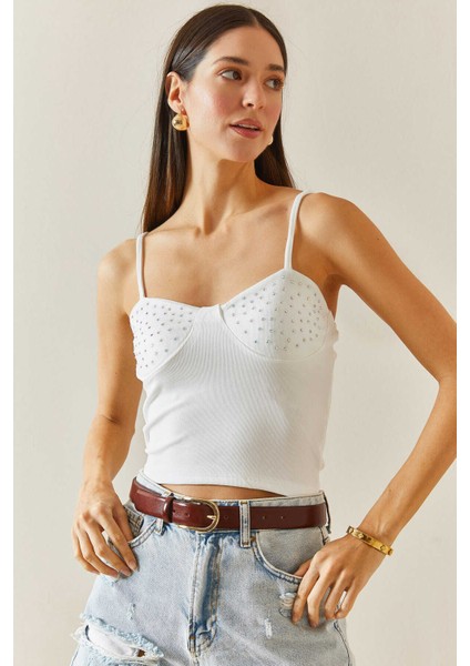 Taş Detaylı Askılı Viskon Bluz-Beyaz fiyatları