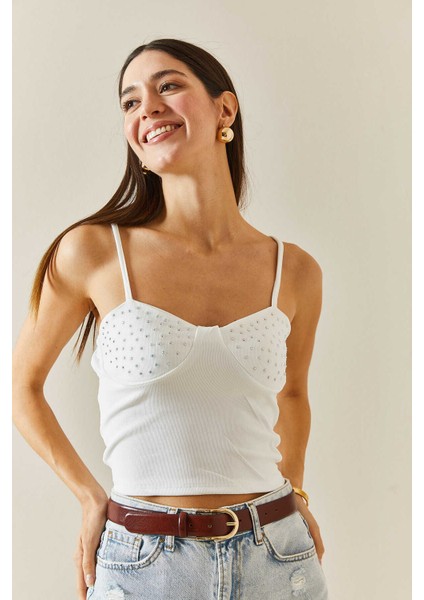 Taş Detaylı Askılı Viskon Bluz-Beyaz modelleri