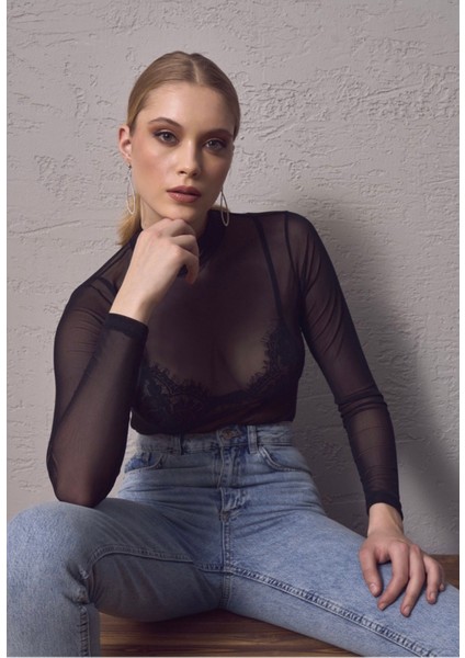 Düz Body Kadın Babydoll Siyah Bodysuit Transparan Çıtçıtlı Body Bluz