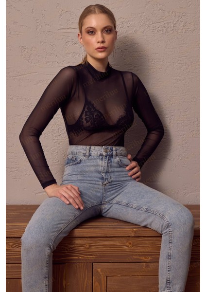 Düz Body Kadın Babydoll Siyah Bodysuit Transparan Çıtçıtlı Body Bluz