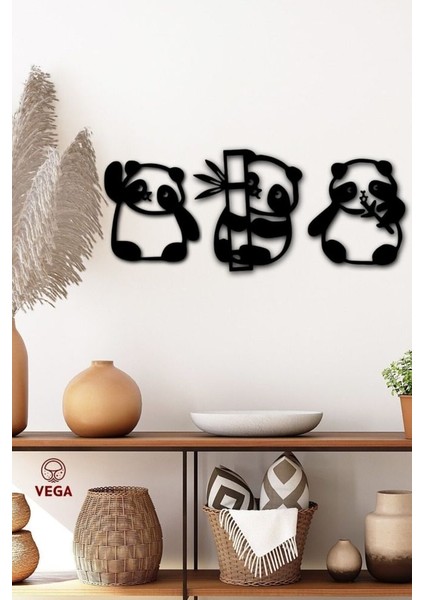 Panda 3lü Duvar Dekoru Siyah Ahşap