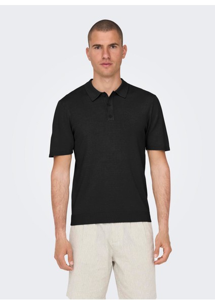 Düz Siyah Erkek Polo T-Shirt Onswyler Lıfe Reg 14 Ss Polo Knıt N