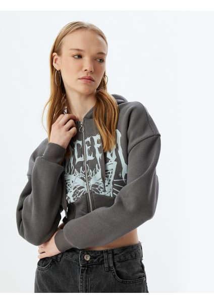 Crop Sweatshirt Fermuarlı Kapüşonlu Korse Detaylı Baskılı Slim Fit Şardonlu