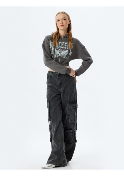 Crop Sweatshirt Fermuarlı Kapüşonlu Korse Detaylı Baskılı Slim Fit Şardonlu fiyatları