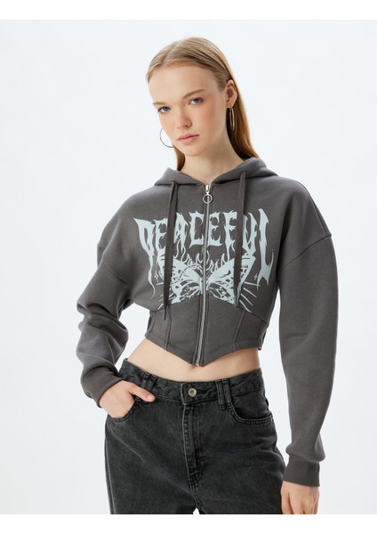 Crop Sweatshirt Fermuarlı Kapüşonlu Korse Detaylı Baskılı Slim Fit Şardonlu modelleri