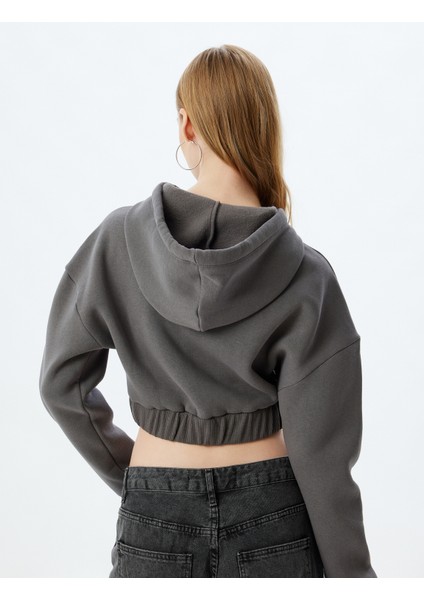 Crop Sweatshirt Fermuarlı Kapüşonlu Korse Detaylı Baskılı Slim Fit Şardonlu fırsatları
