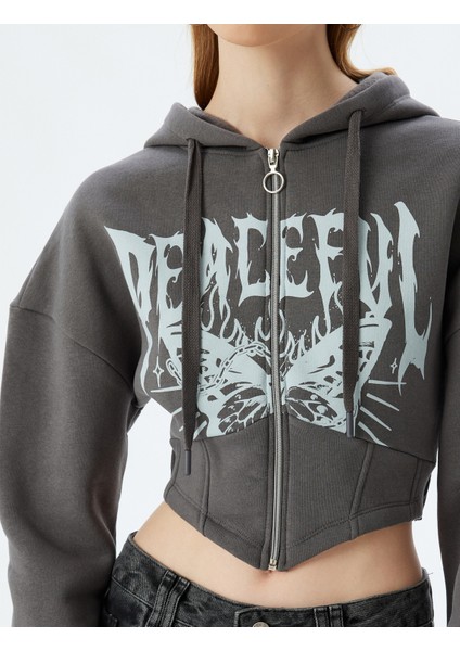 Crop Sweatshirt Fermuarlı Kapüşonlu Korse Detaylı Baskılı Slim Fit Şardonlu indirimleri